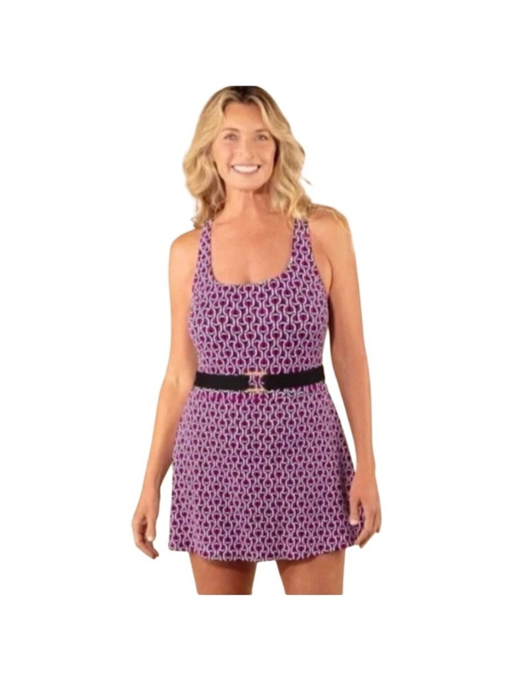 Lands End Women's L Swim Dress With Modest Belt Pink/Black Geometric Print Nylon